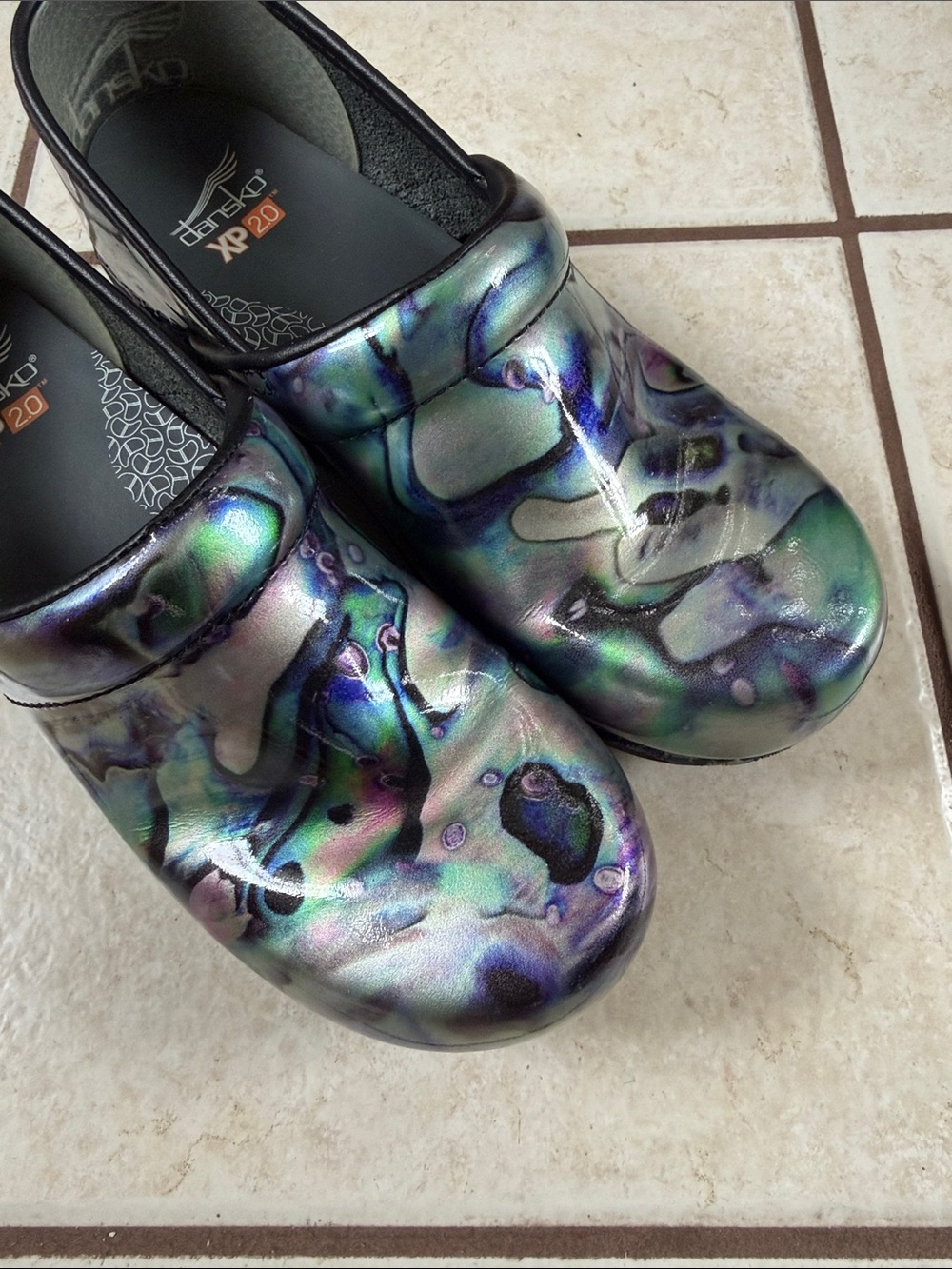 Dansko XP 2.0 Leather Iridescent Swirl Clogs in Green, Purple, Silver